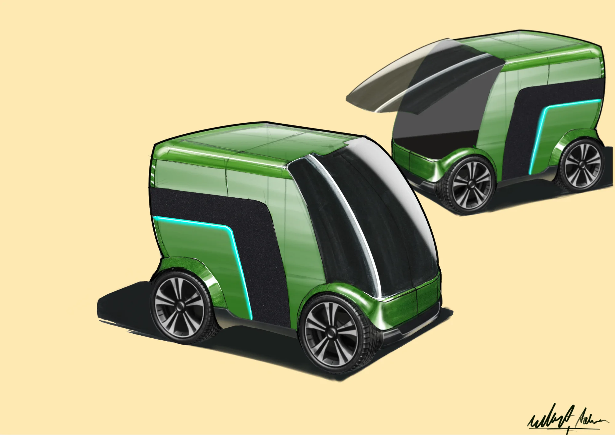 Twee groene autonome bezorgpods op gele achtergrond, één met opengeklapte kap, digitaal gerenderd