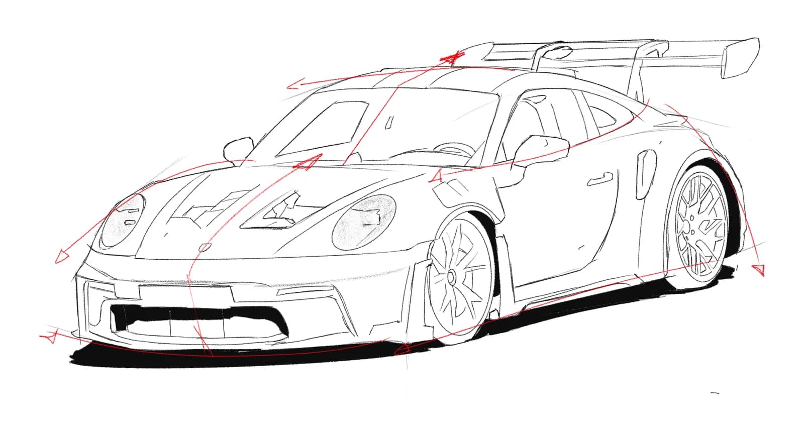 Lijnschets van een Porsche 911 met grote achtervleugel, rode constructielijnen en pijlen
