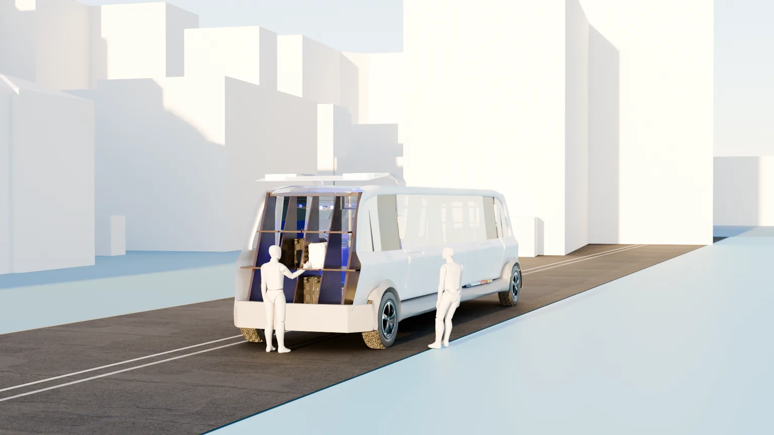 Render van de Blueberry-shuttle, wit, met open achterklep en bagagevakken in een stadsstraat