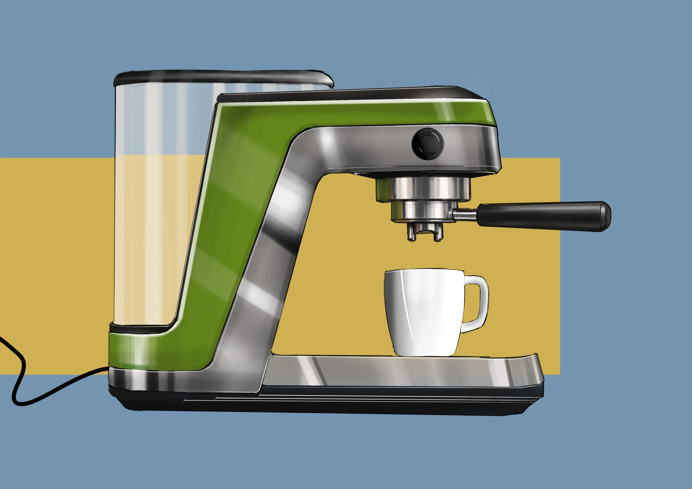 Render van een groene espressomachine met chroom en een kopje, van opzij