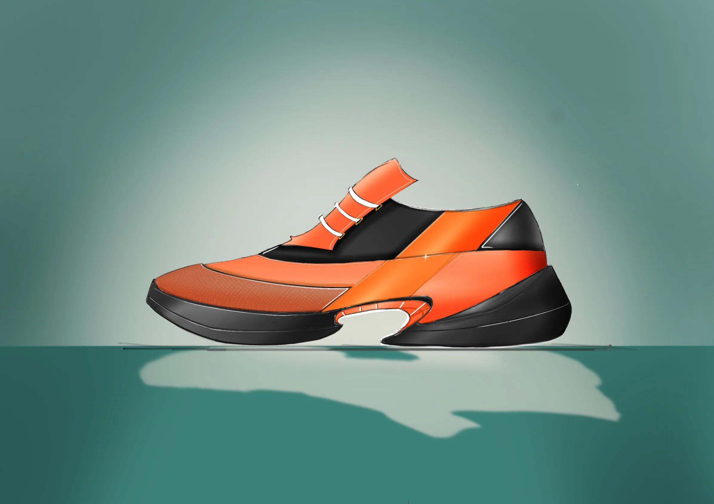 Oranje-zwarte sneaker op een groenblauwe achtergrond met schaduw, digitaal gerenderd