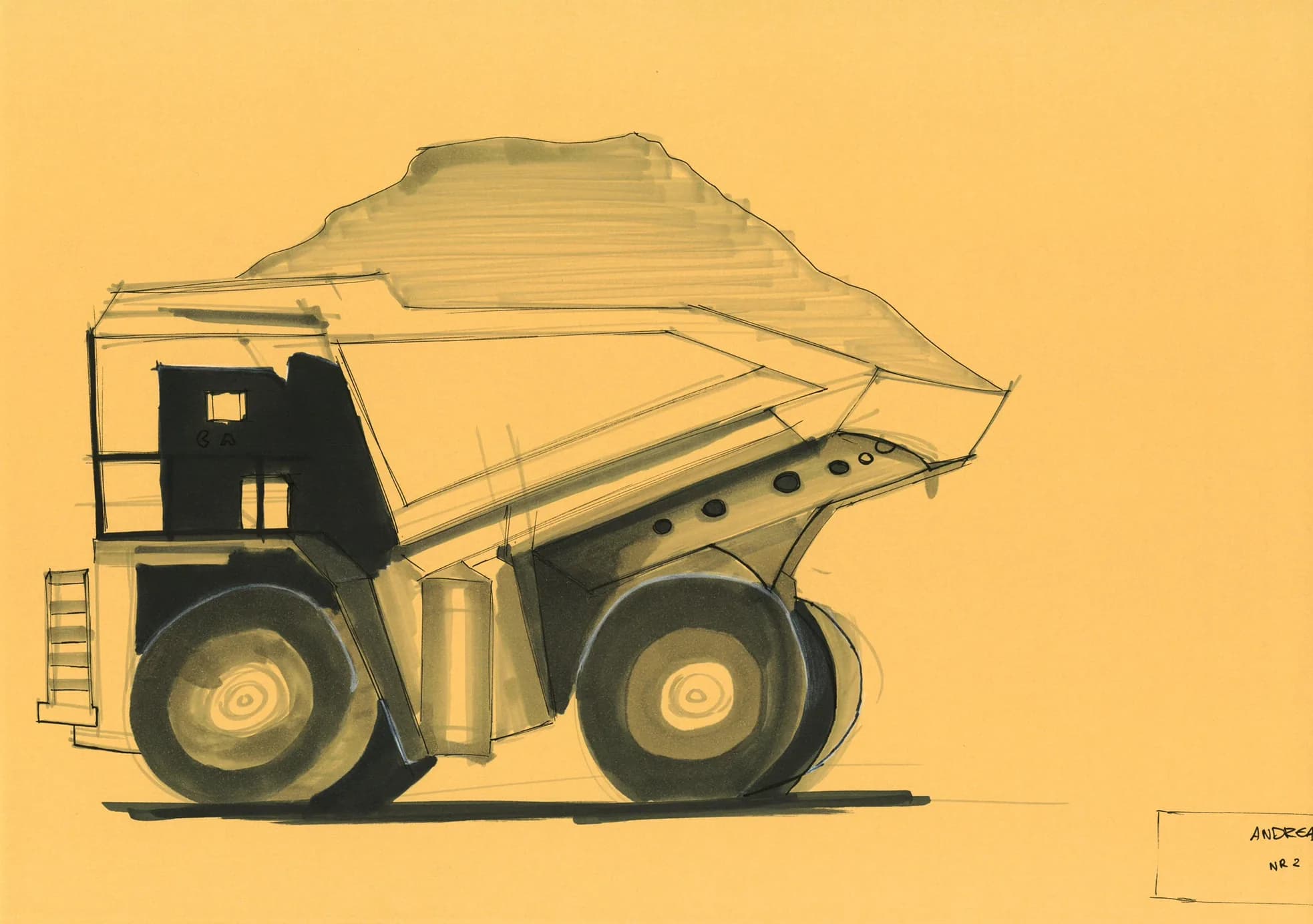 Mijnbouwdumptruck vol grond, van opzij, in zwarte en grijze marker op geel papier