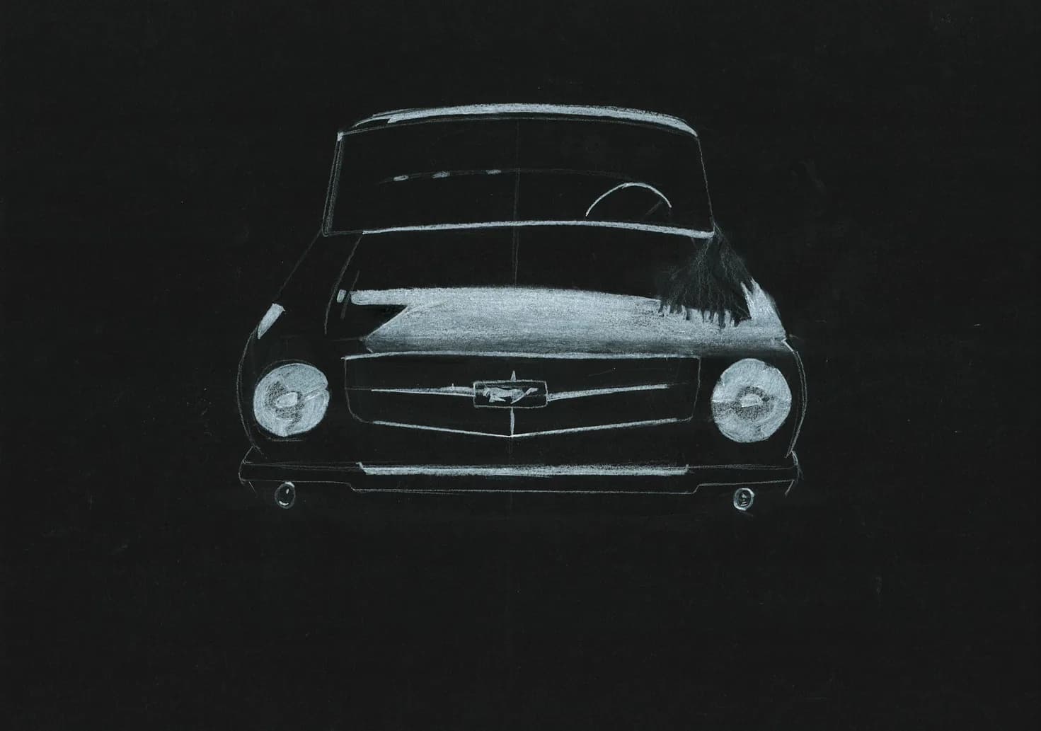 Ford Mustang uit de jaren zestig van voren, met witte pen op zwart papier