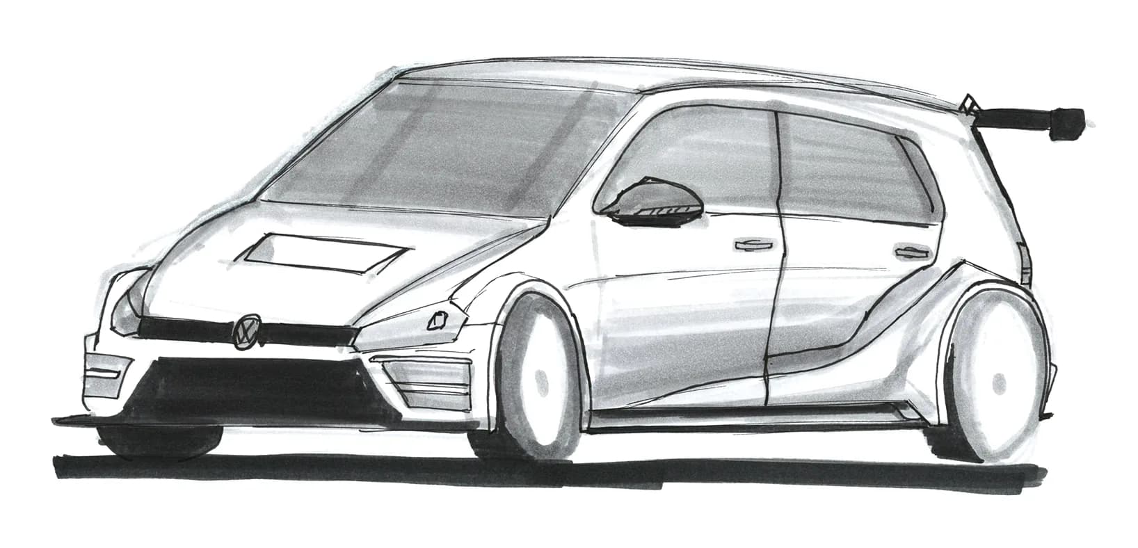 Schets van een getunede Volkswagen Golf met widebody en spoiler